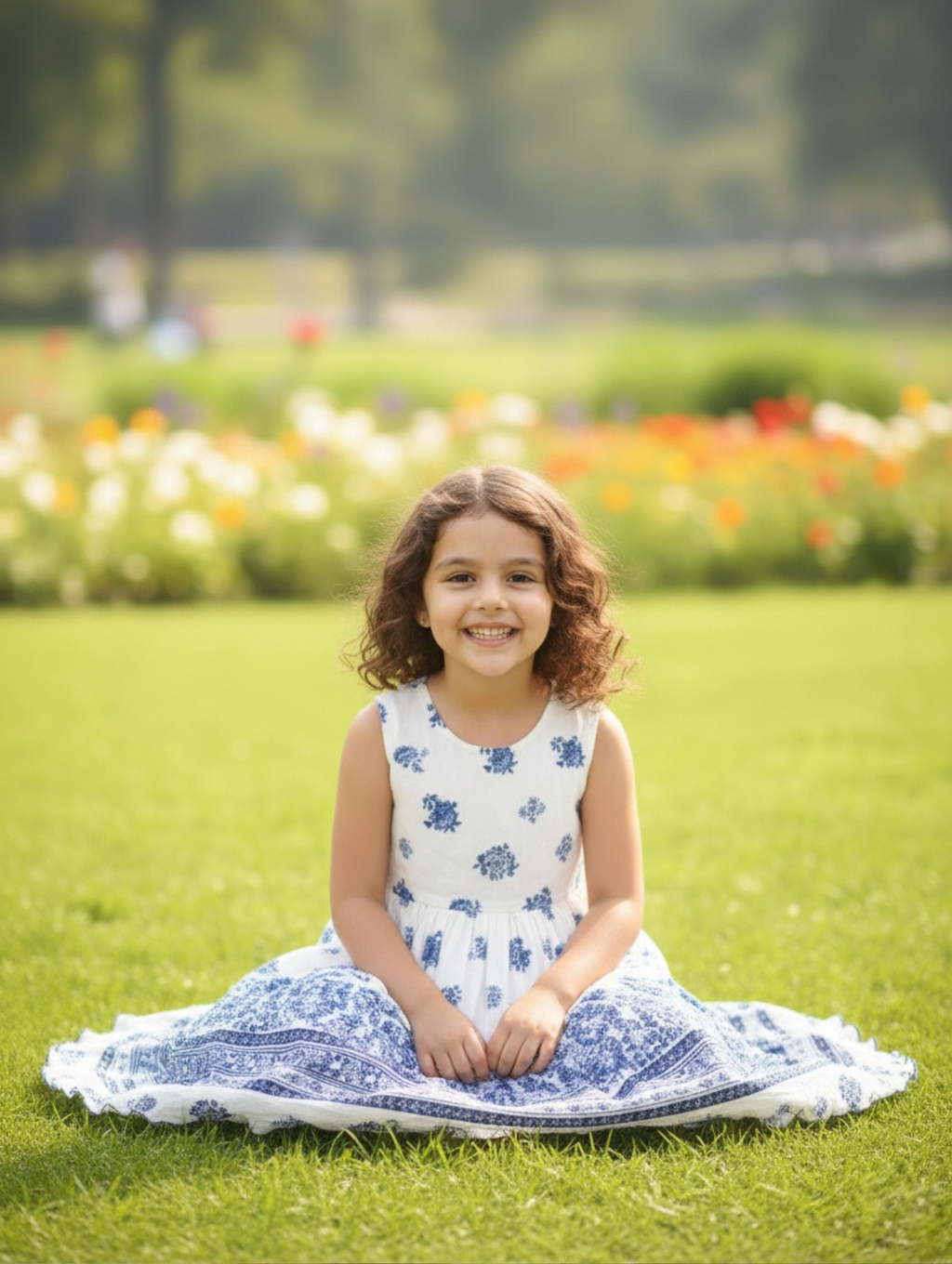 Vestido Infantil de Algodón con Estampado Floral Azul y Blanco