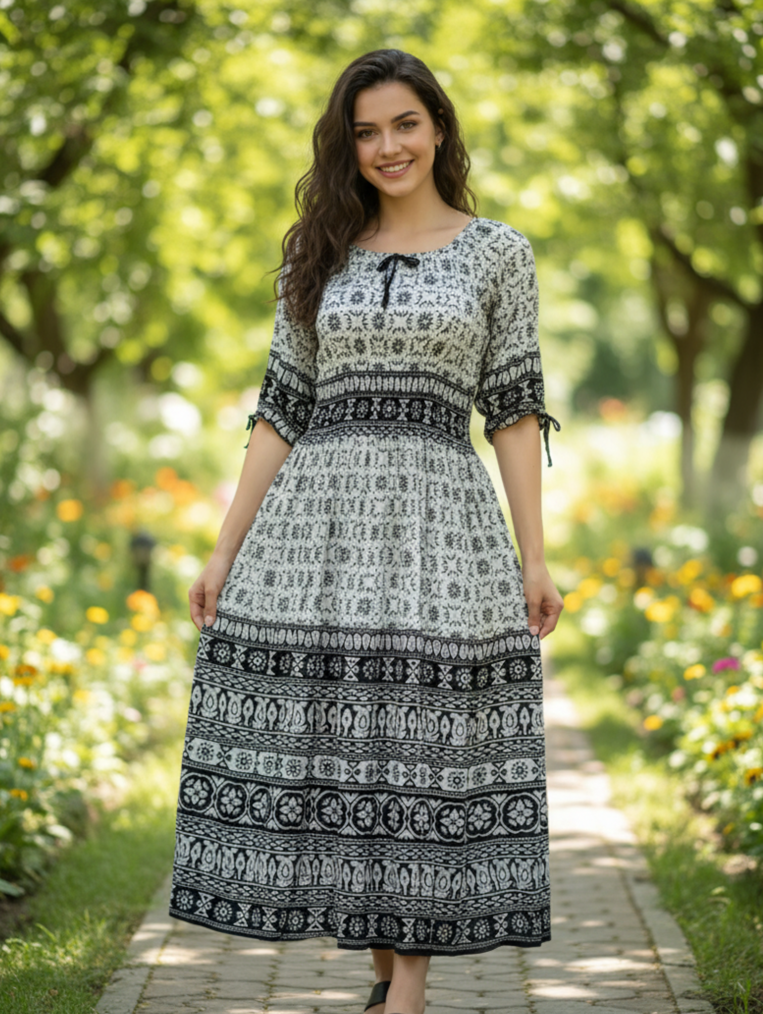 Vestido Crepe Largo Con Manga