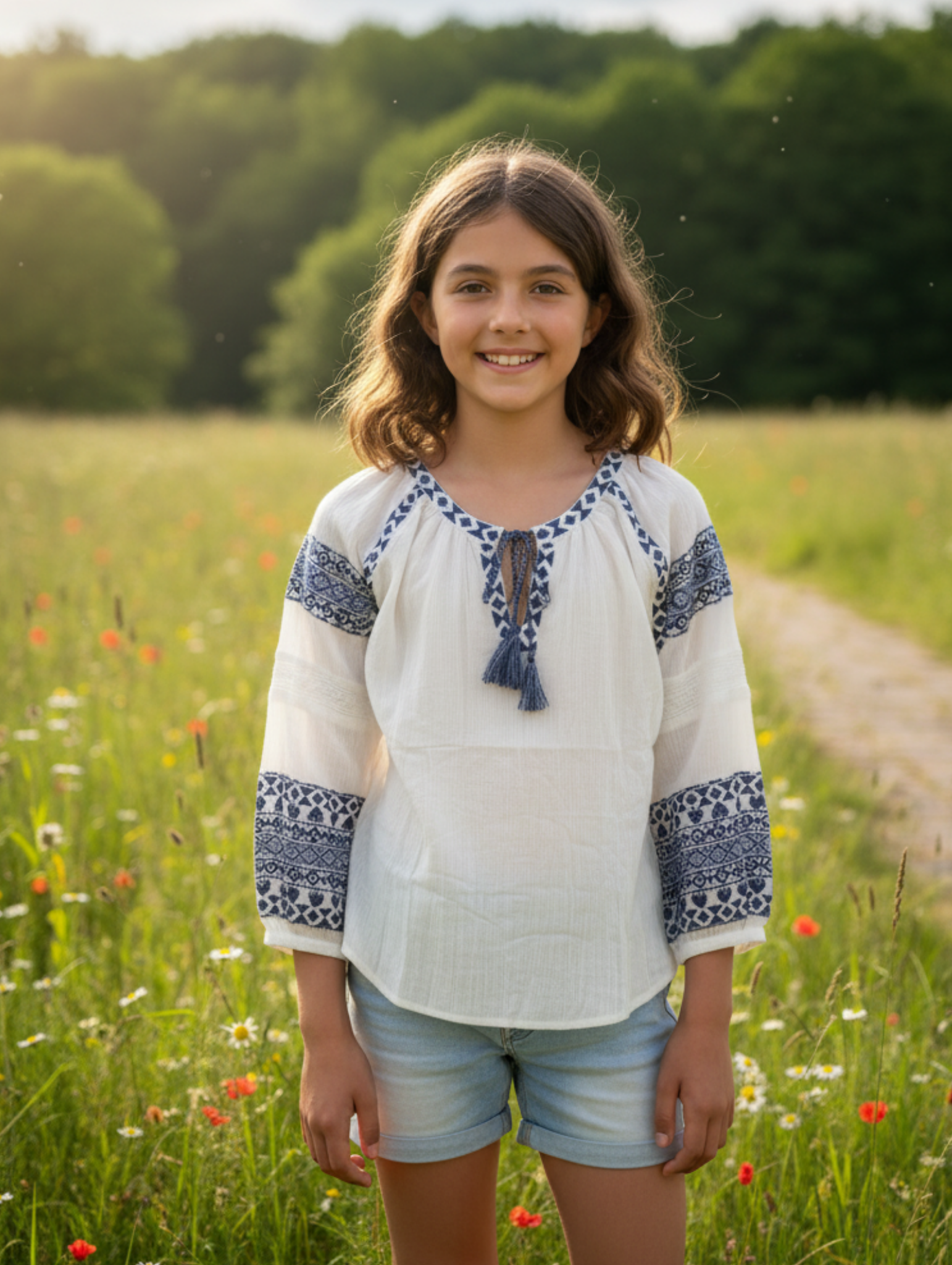 Blusa Étnica Bordada Azul y Blanca Paquete de 8 PCs