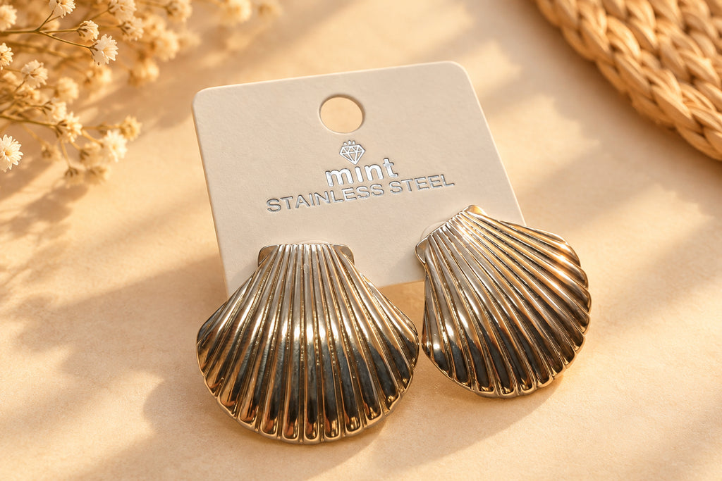 Aretes de Acero Inoxidable en Forma de Concha Marina / Abanico