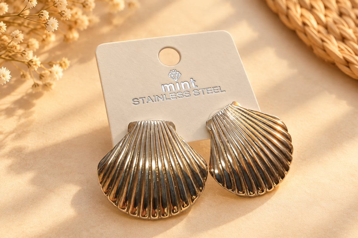 Aretes de Acero Inoxidable en Forma de Concha Marina / Abanico