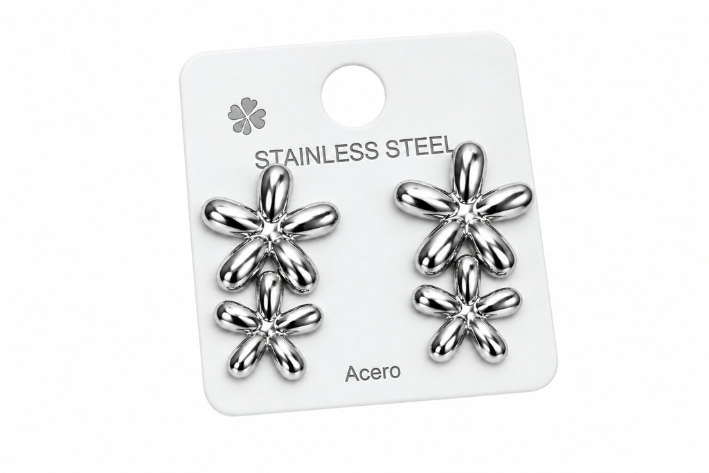Aretes de Acero Inoxidable en Forma de Doble Flor / Estrellas