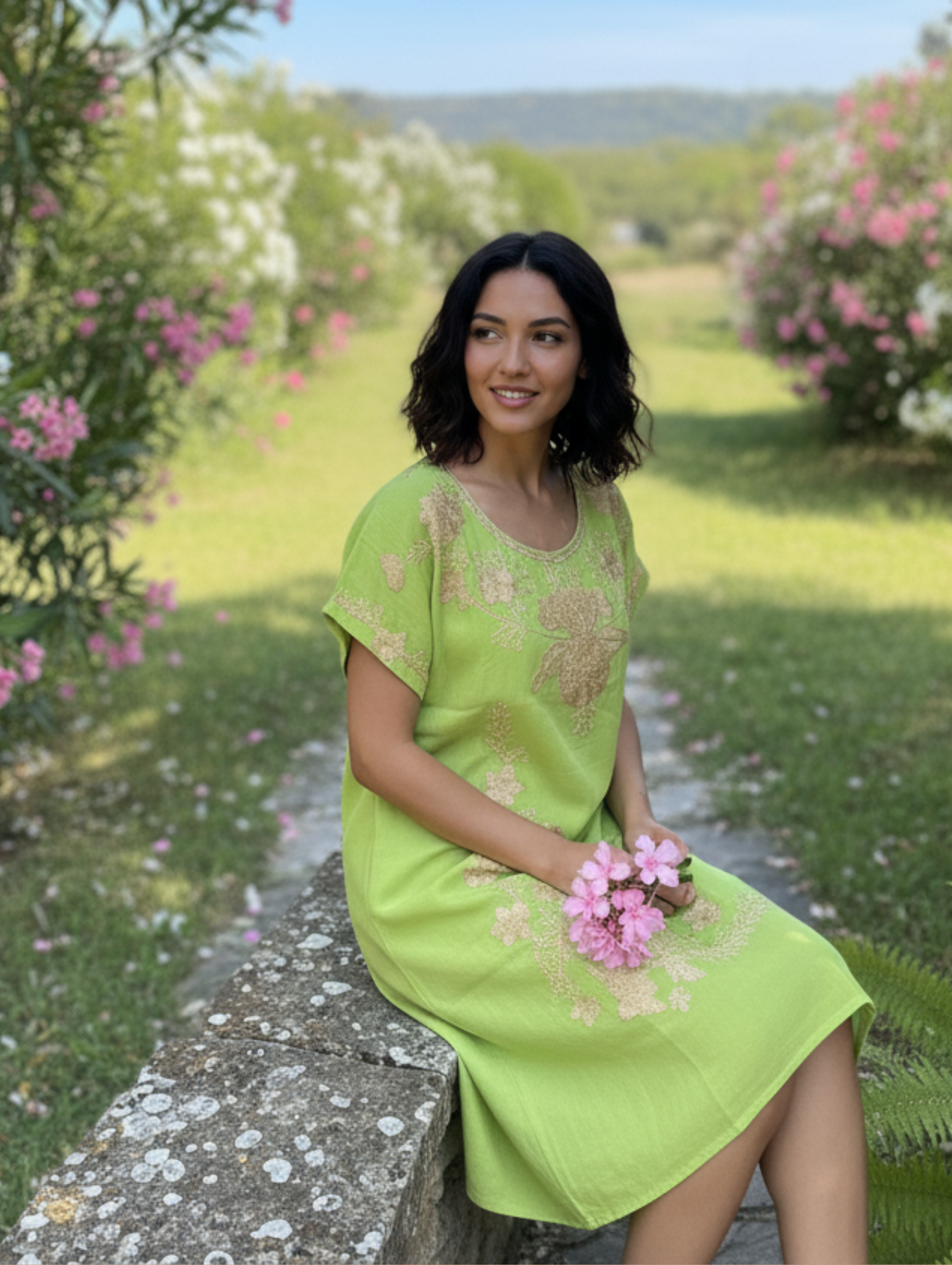 Vestido de Algodón con Bordado Zari Dorado - "Teal Elegance"