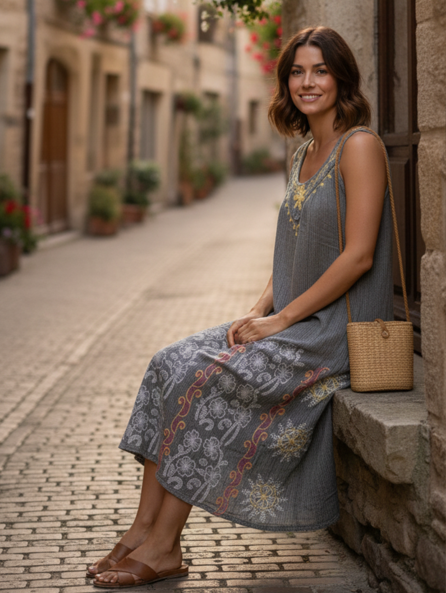 Vestido Midi Boho Chic de Algodón Crudo con Bordado Floral