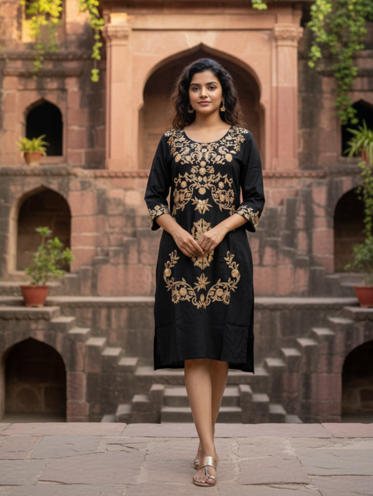 Vestido de Algodón con Bordado Zari Dorado Paquete de 8 PCs