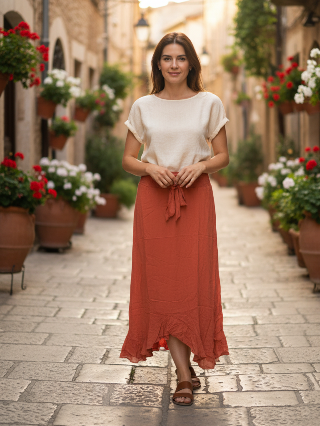 Falda Larga de Lino con Volante Asimétrico