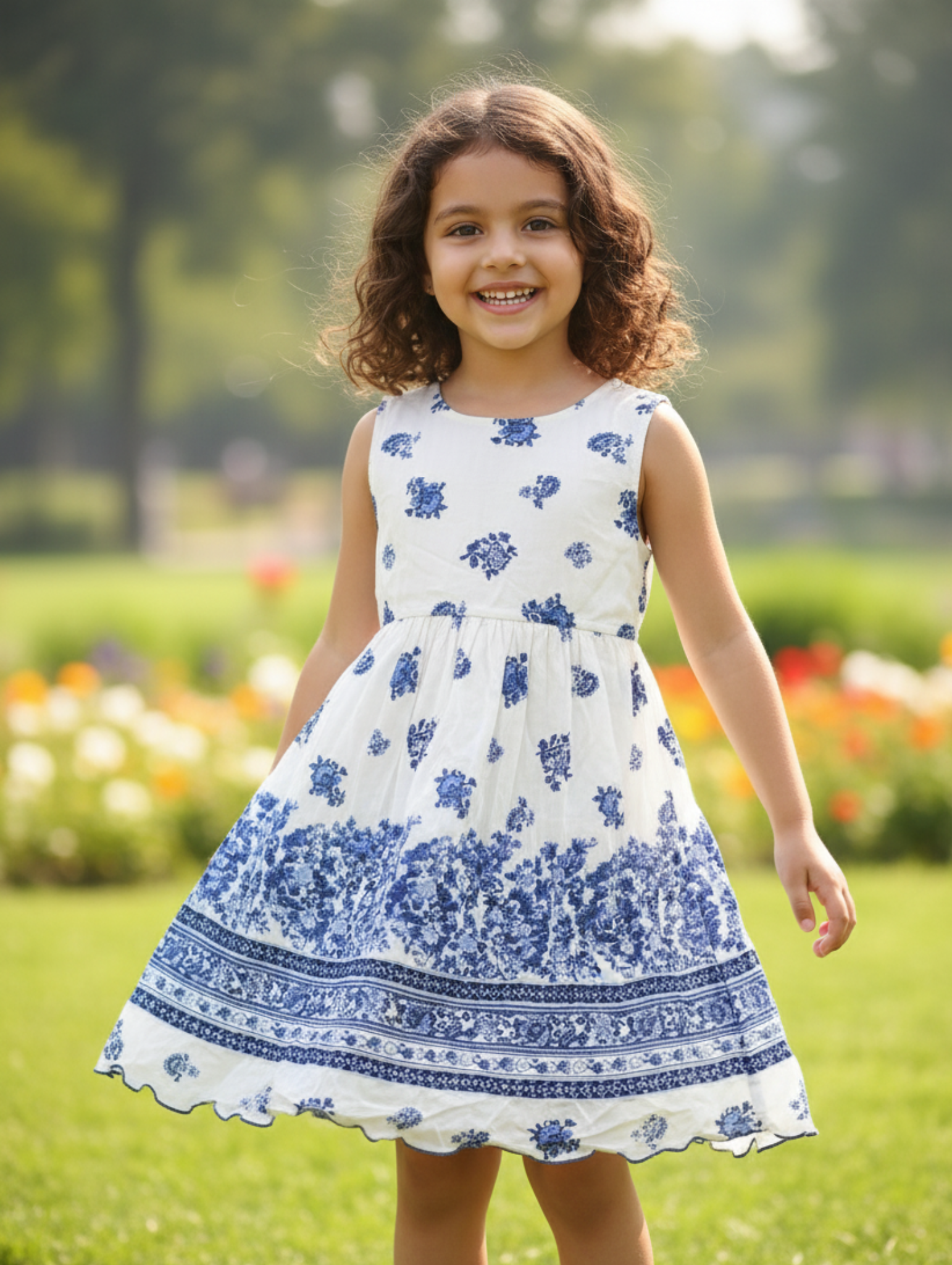 Vestido Infantil de Algodón con Estampado Floral Azul y Blanco