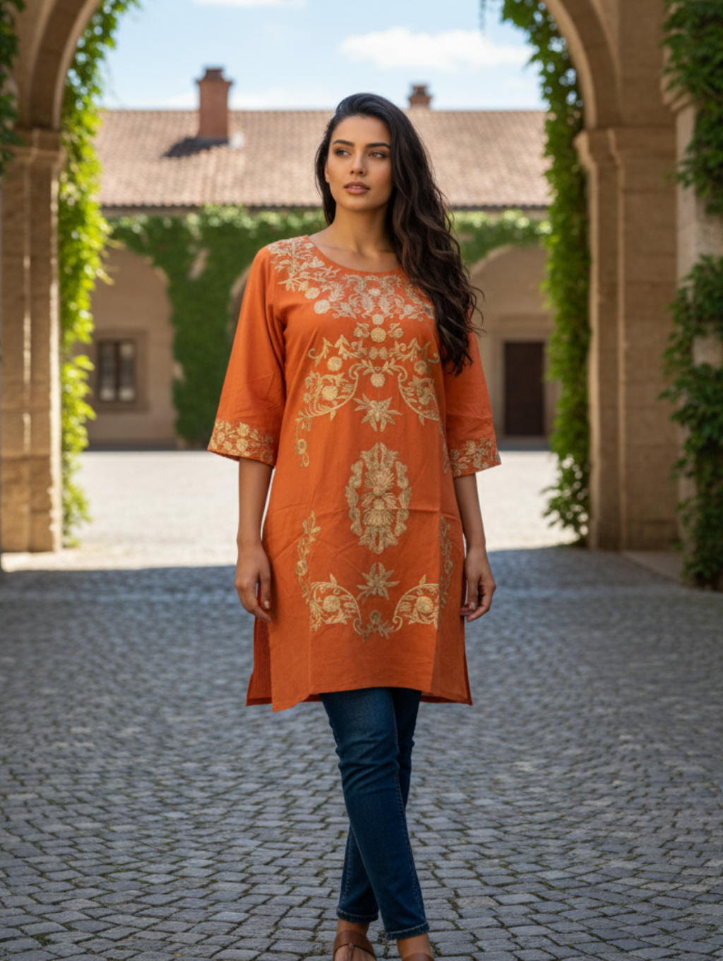 Vestido de Algodón con Bordado Zari Dorado Paquete de 8 PCs