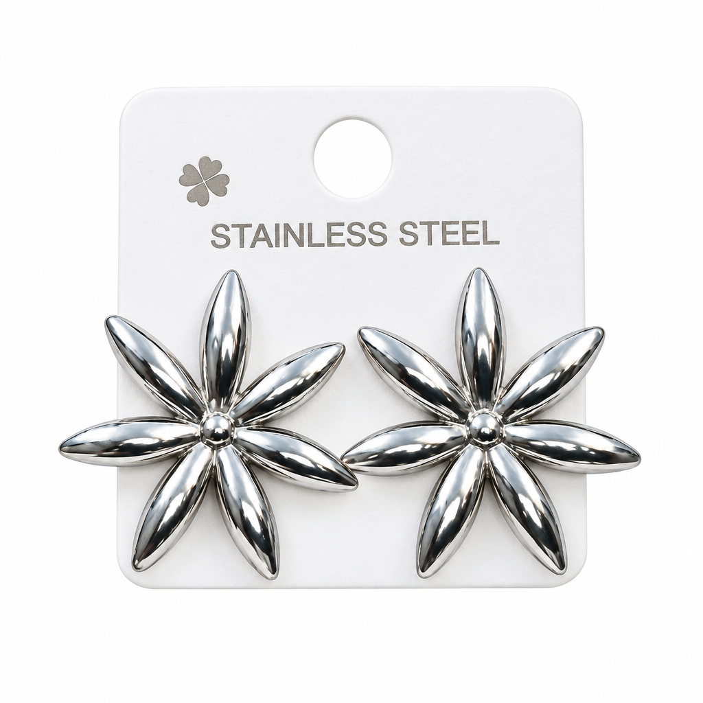 Aretes de Acero Inoxidable en Forma de Flor / Estrella de 6 Pétalos