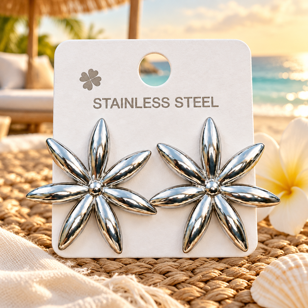Aretes de Acero Inoxidable en Forma de Flor / Estrella de 6 Pétalos