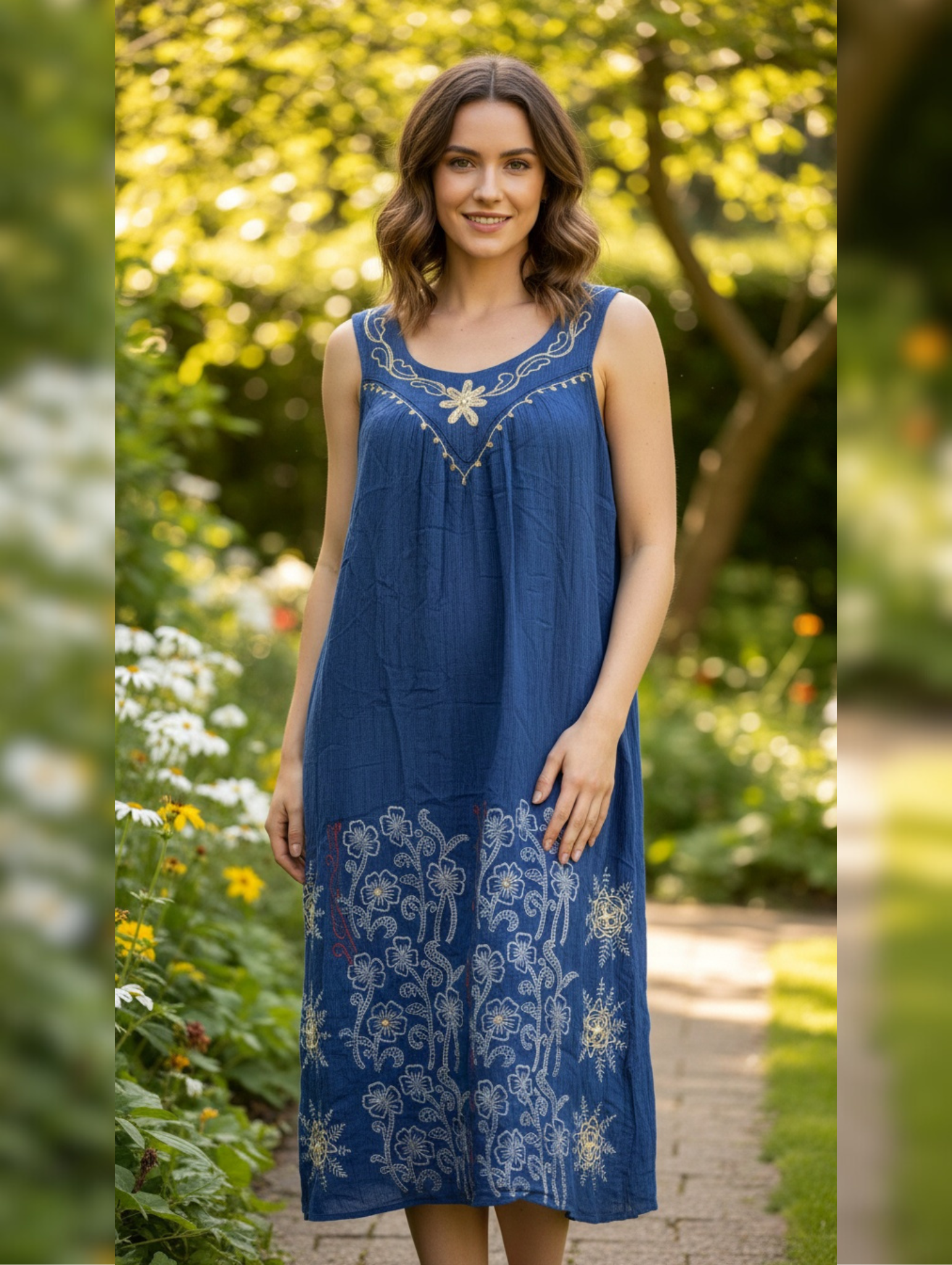 Vestido Midi Boho Chic de Algodón Crudo con Bordado Floral