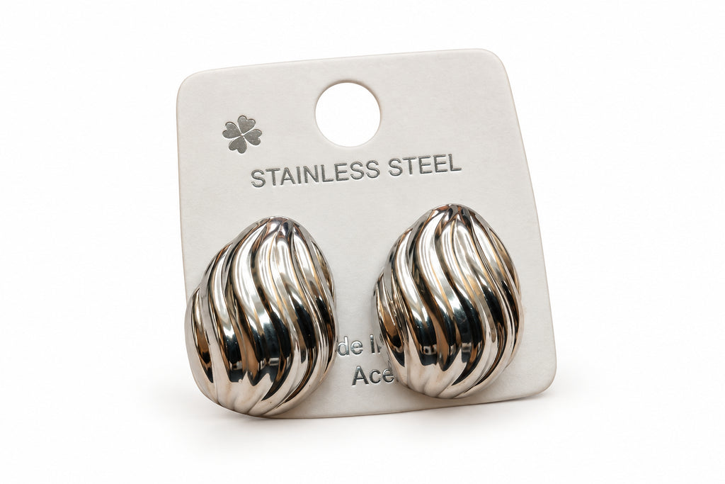Aretes de Acero Inoxidable con Diseño Texturizado Ovalado / En relieve