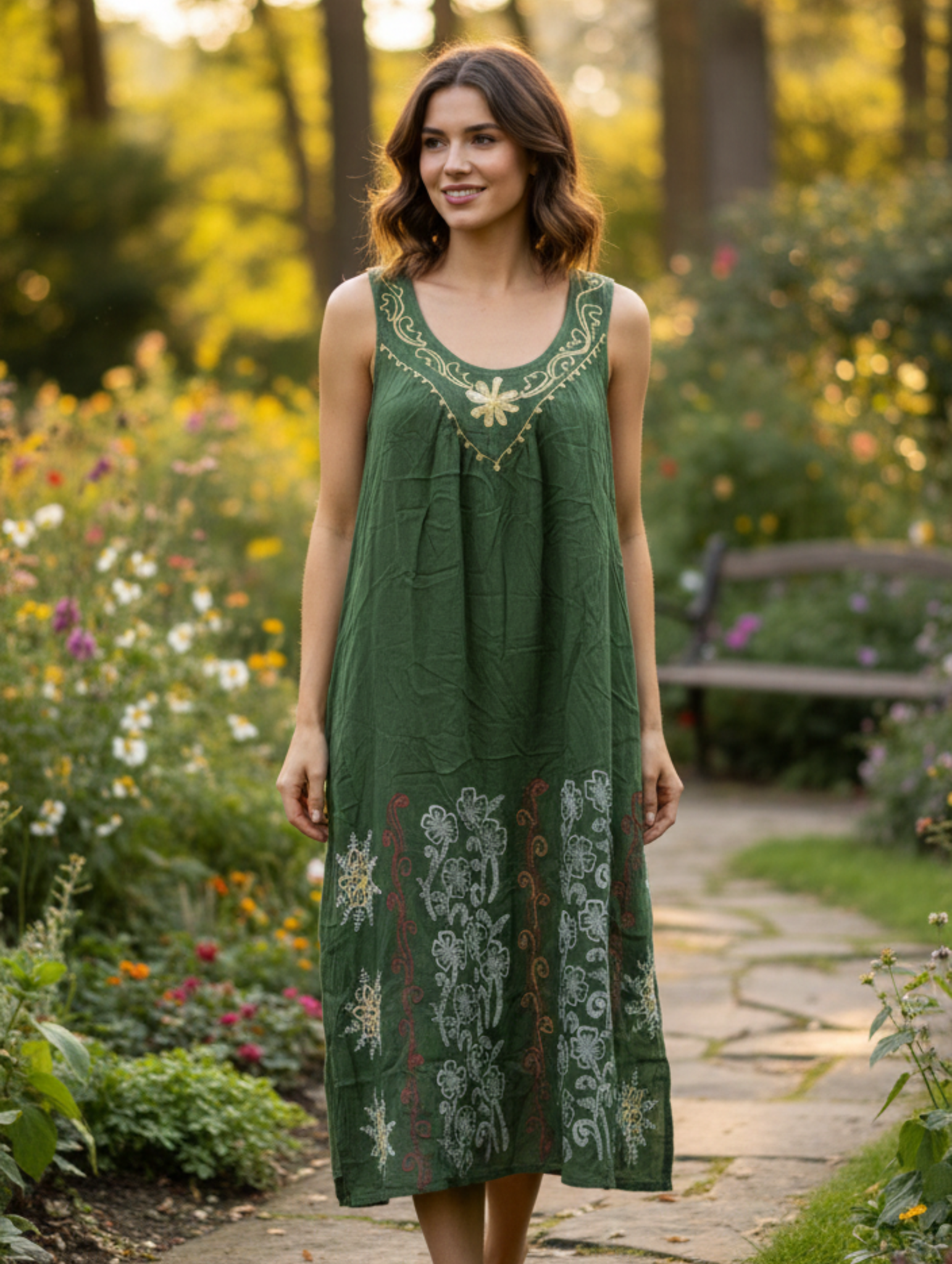 Vestido Midi Boho Chic de Algodón Crudo con Bordado Floral