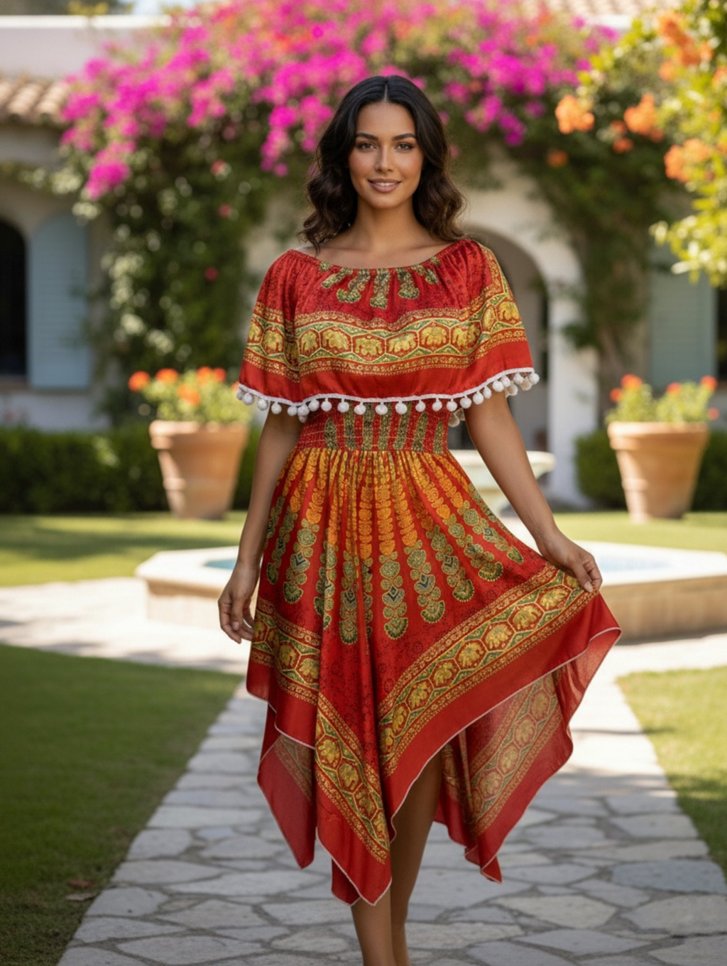 Vestido Étnicos con Hombros Descubiertos