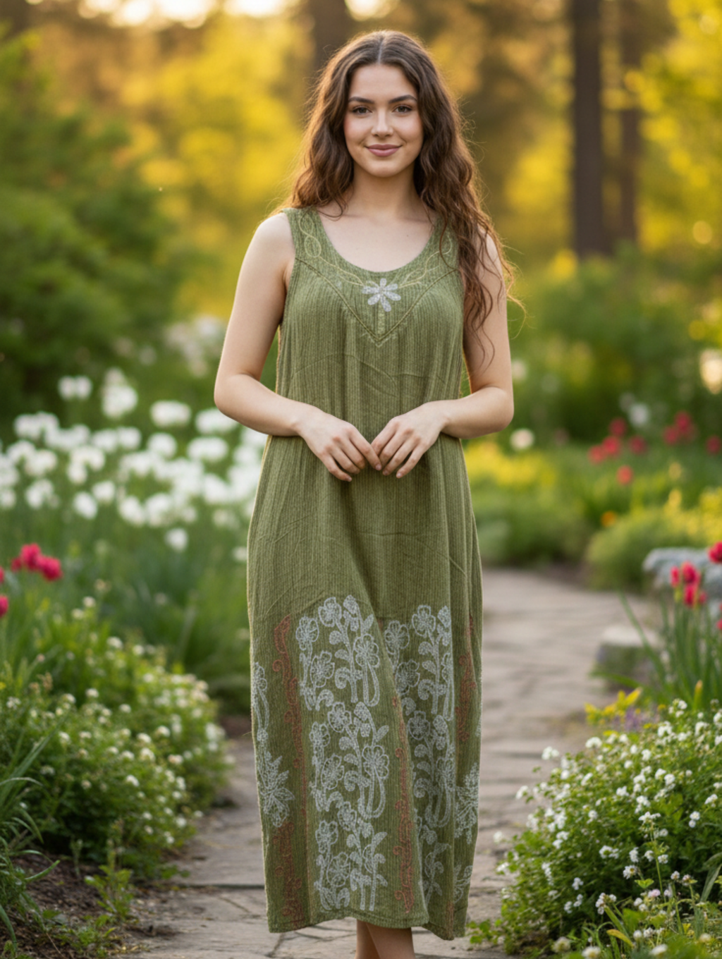 Vestido Midi Boho Chic de Algodón Crudo con Bordado Floral