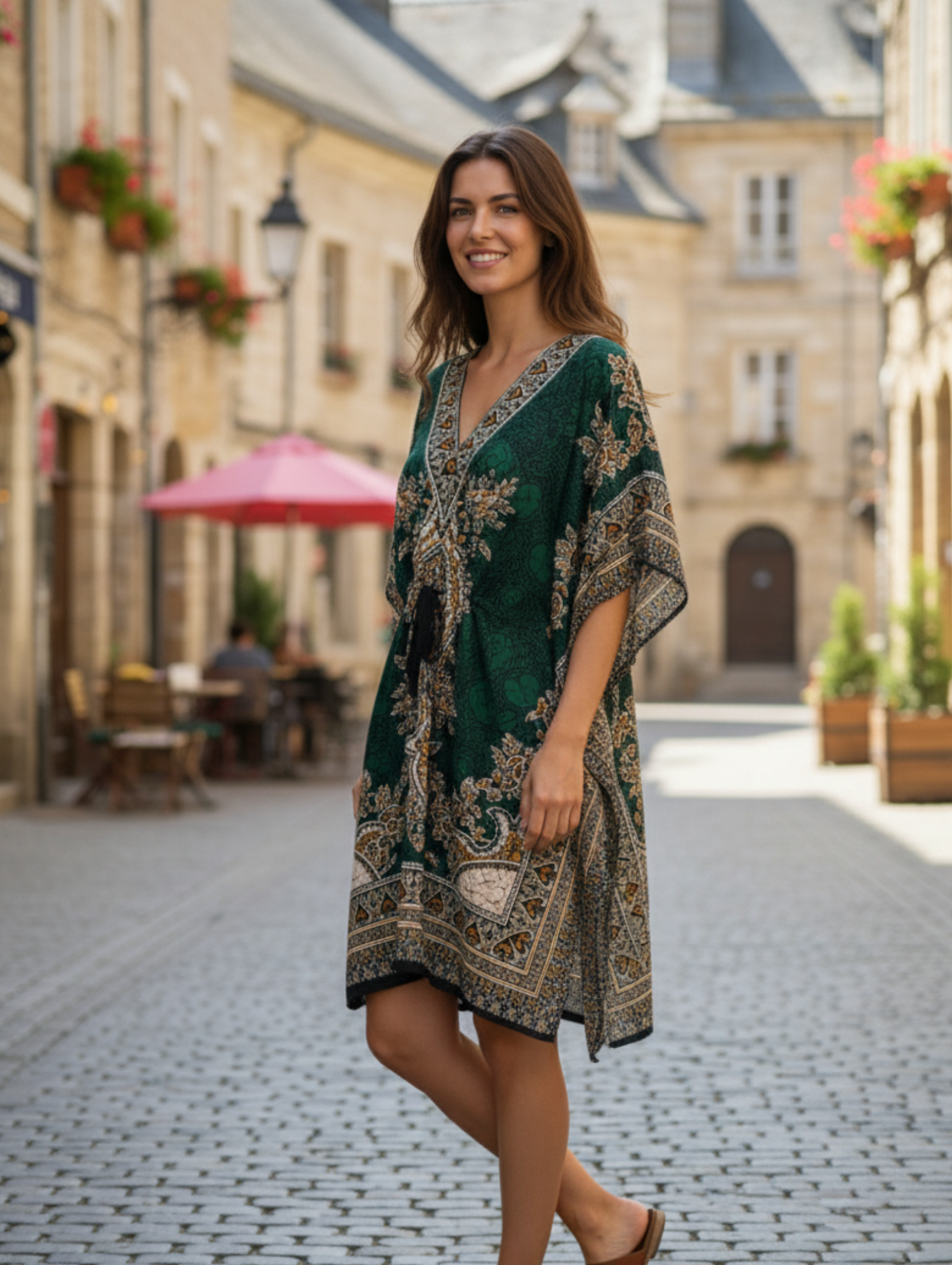 Caftán corto con Estampado Étnico y Corte Flúido.