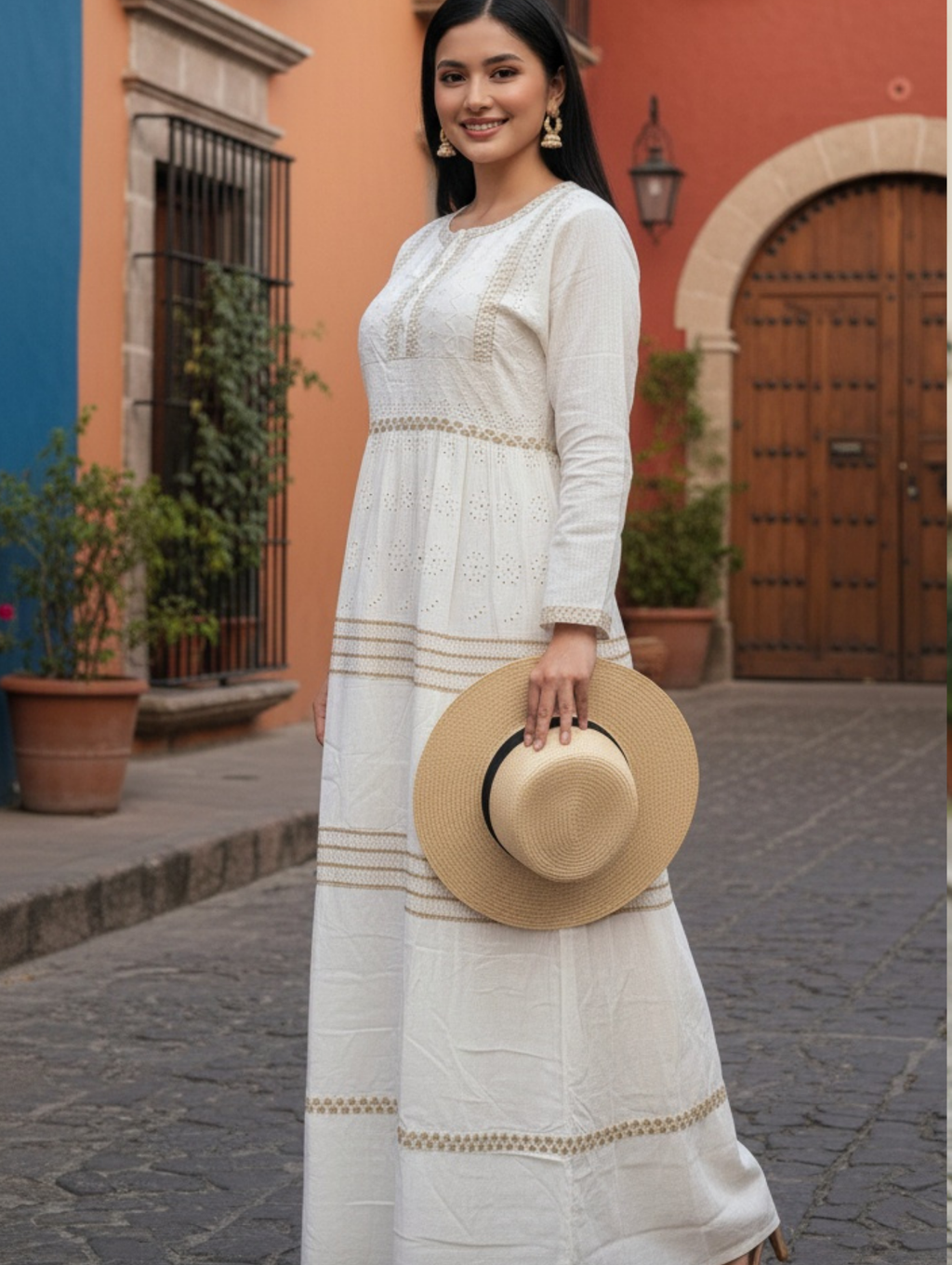 Vestido Largo de Algodón con Bordado Étnico "Chikankari"