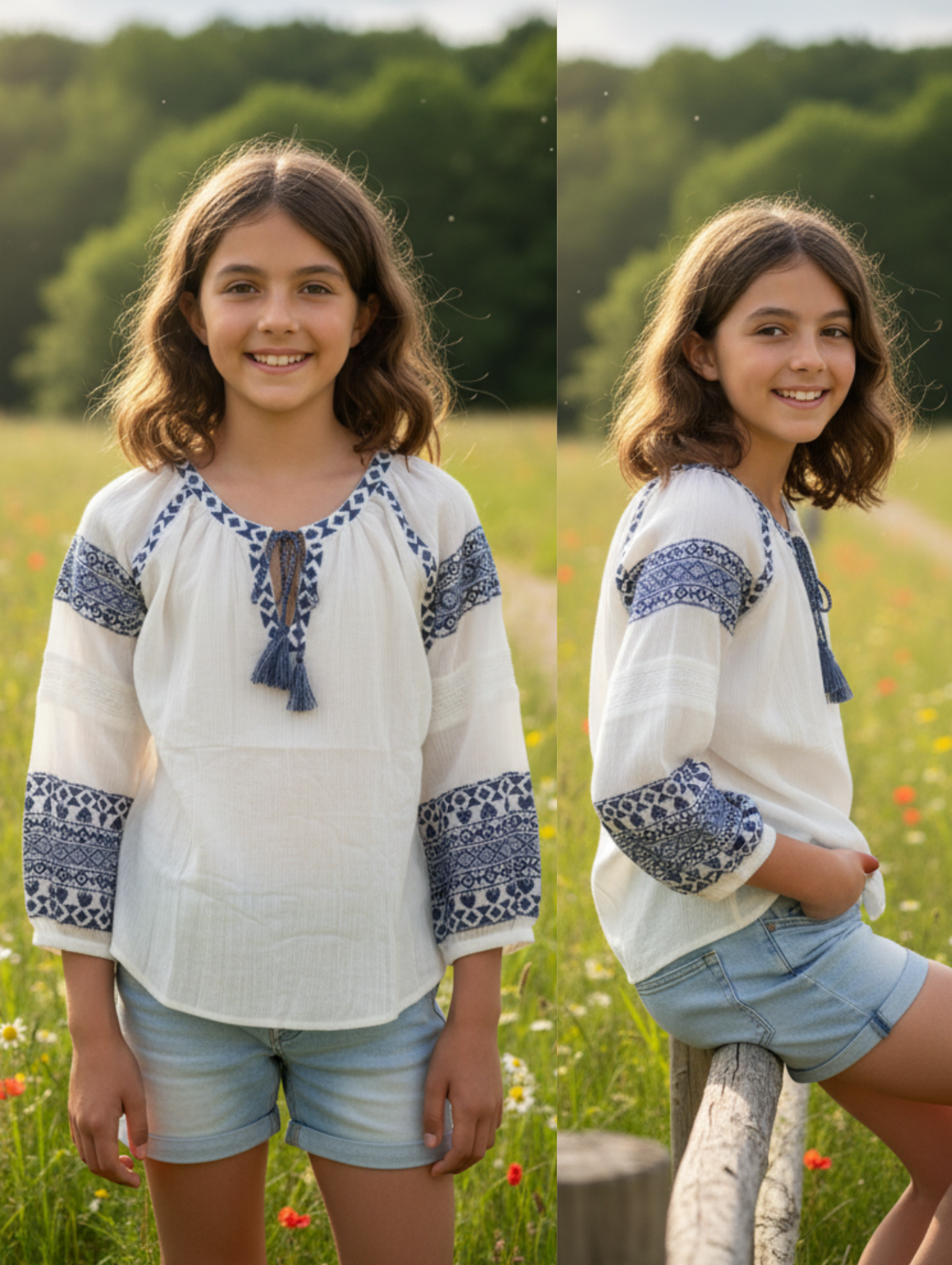 Blusa Étnica Bordada Azul y Blanca Paquete de 8 PCs