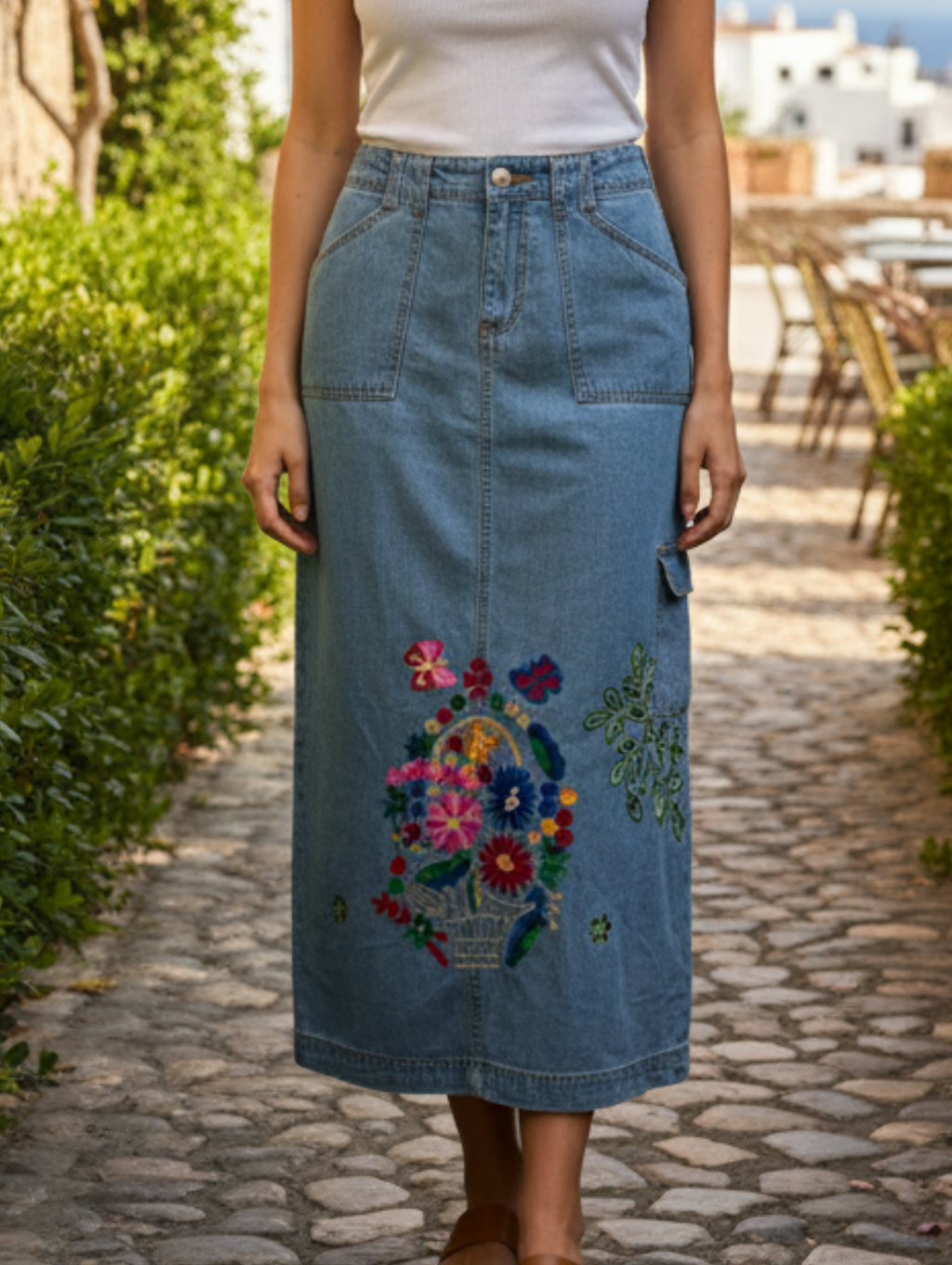 Falda Larga de Mezclilla con Bordado Étnico Floral - Estilo Bohemio