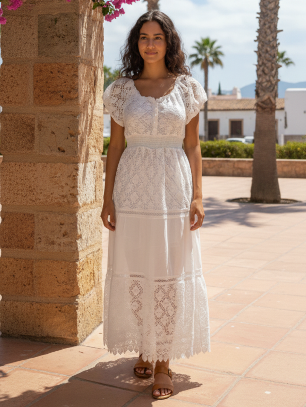 Vestido Maxi de Algodón con Encaje Calado - Estilo "Ibiza Breeze"