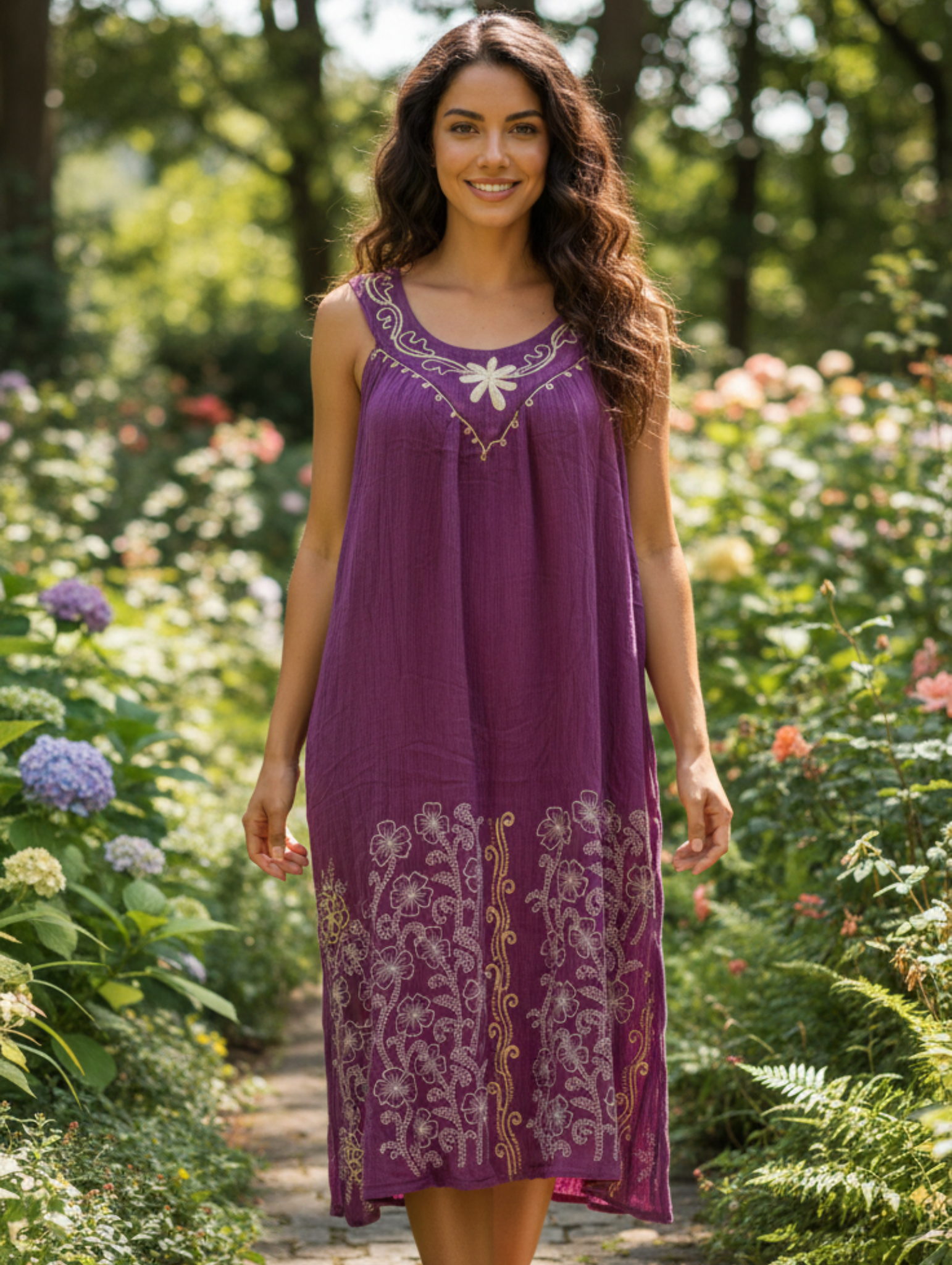 Vestido Midi Boho Chic de Algodón Crudo con Bordado Floral