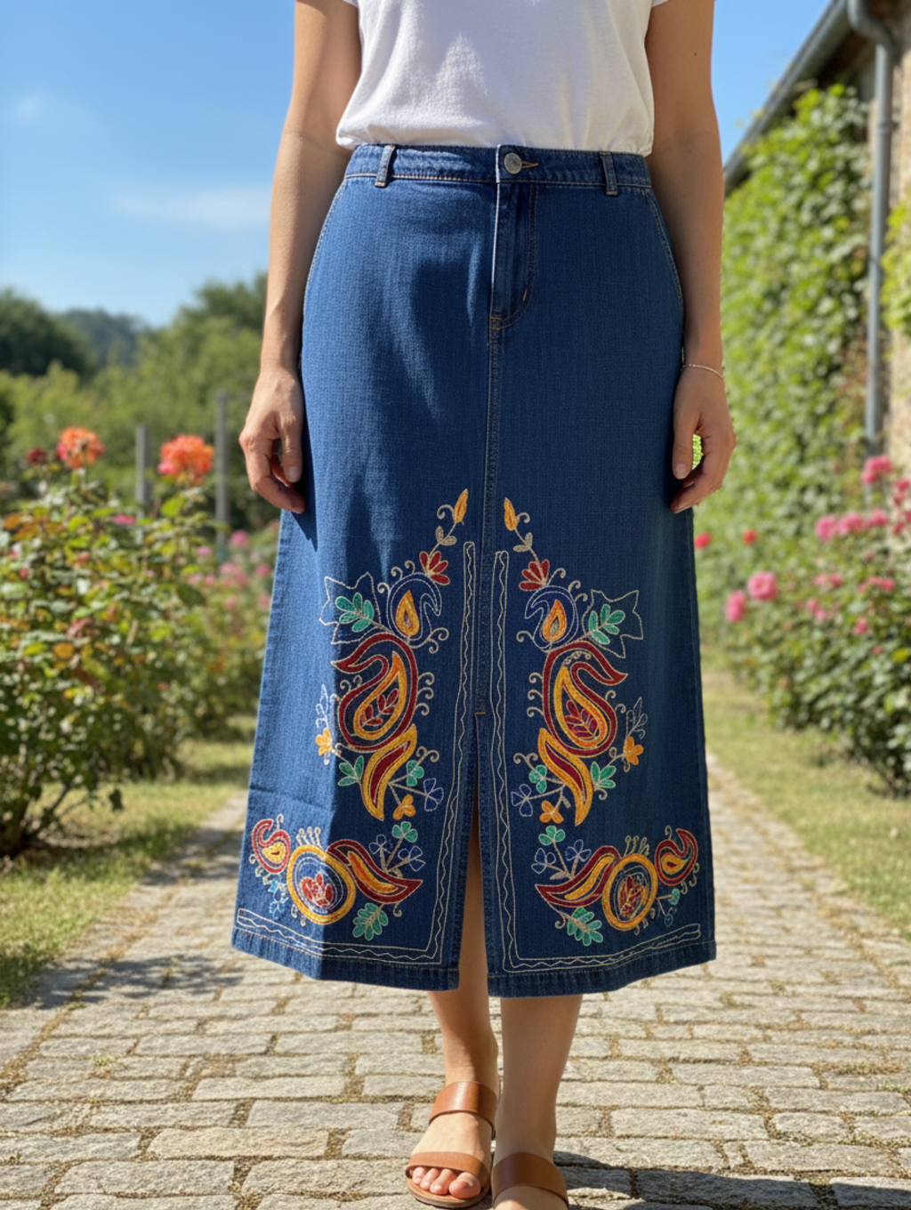 Falda Larga de Mezclilla con Bordado Étnico Floral - Estilo Bohemio