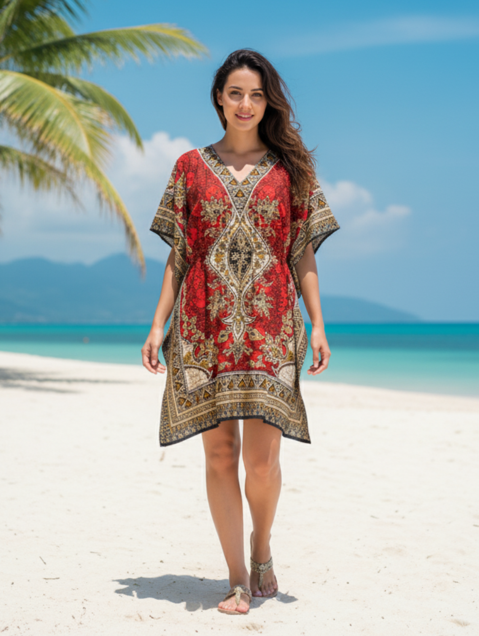 Caftán corto con Estampado Étnico y Corte Flúido.