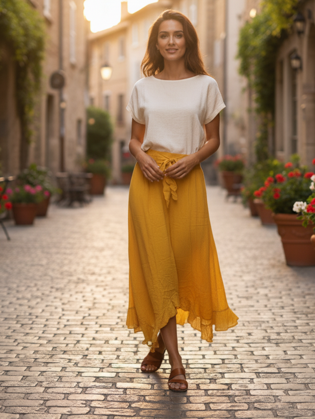 Falda Larga de Lino con Volante Asimétrico