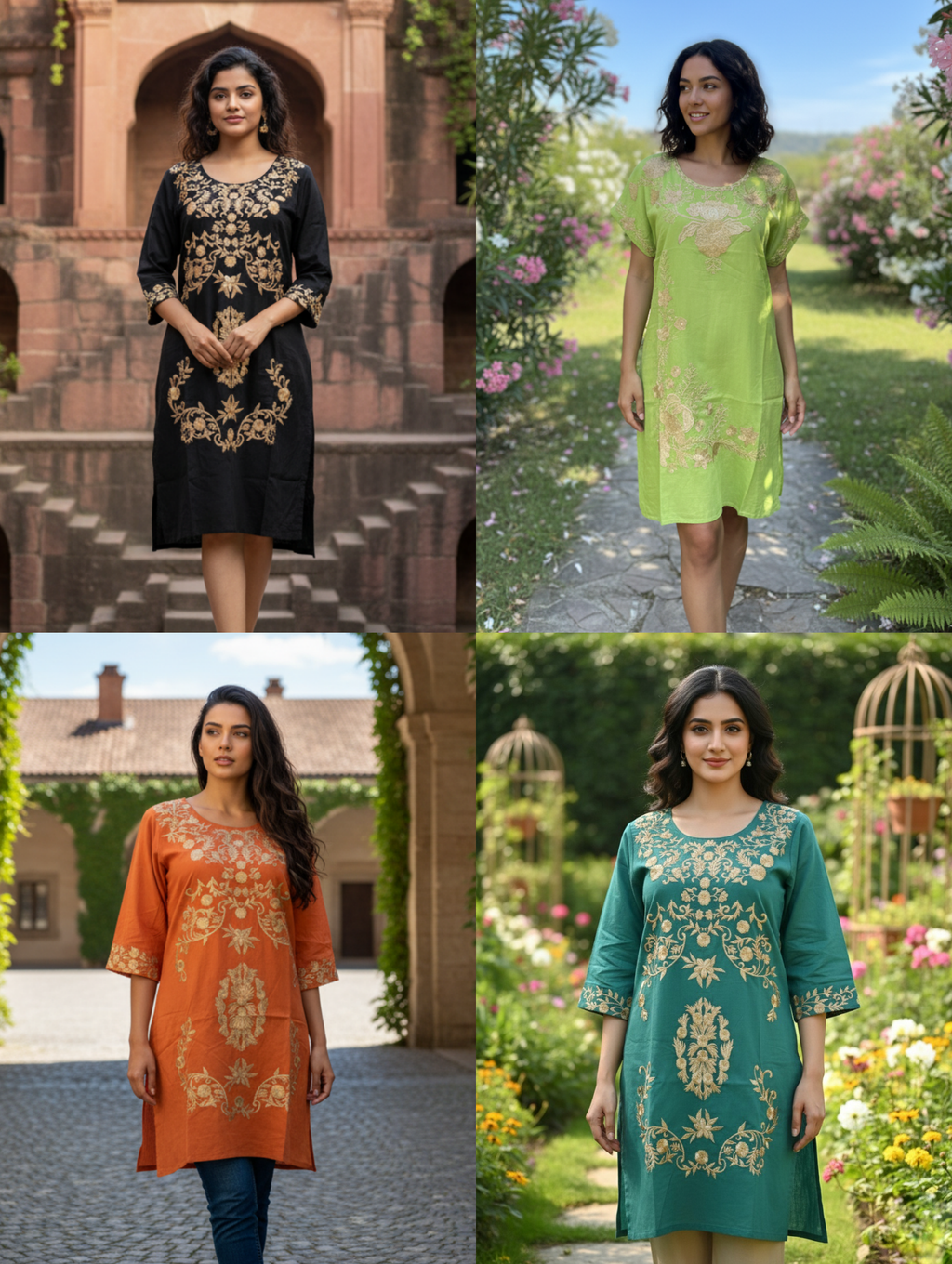 Vestido de Algodón con Bordado Zari Dorado Paquete de 8 PCs