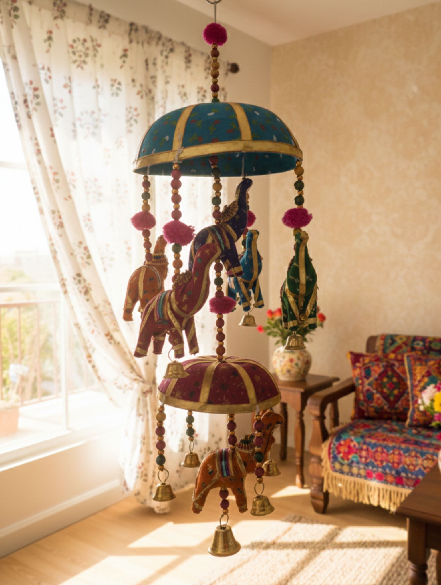 Móvil Decorativo Artesanal de Elefantes Indios - Colorido Colgante para Jardín, Balcón o Interior