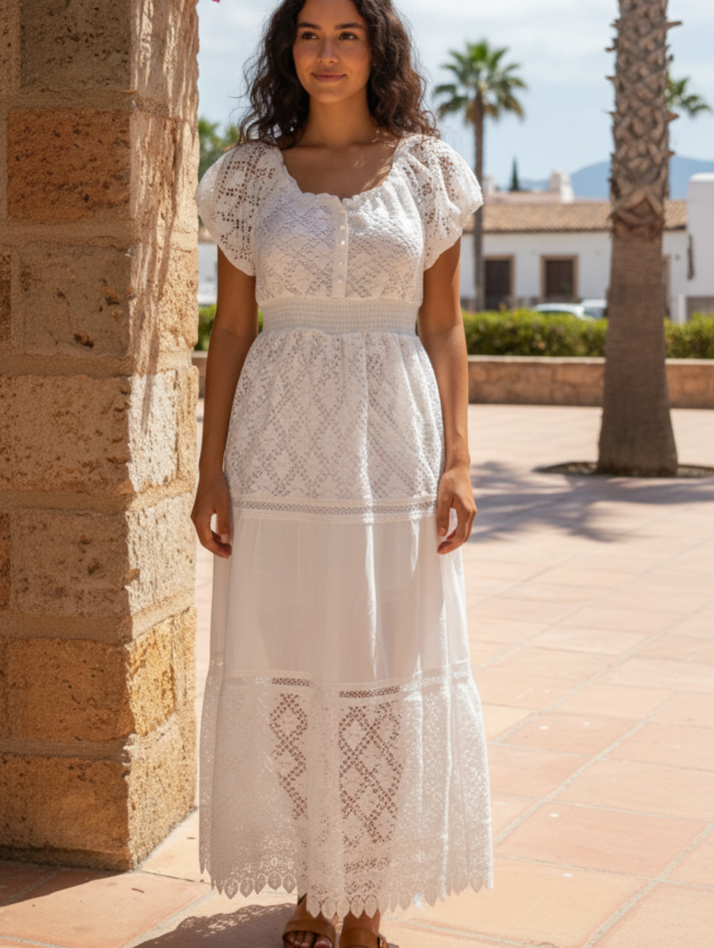Vestido Maxi de Algodón con Encaje Calado - Estilo "Ibiza Breeze"