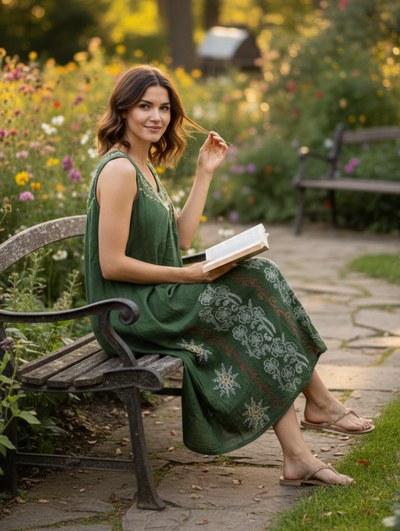 Vestido Midi Boho Chic de Algodón Crudo con Bordado Floral