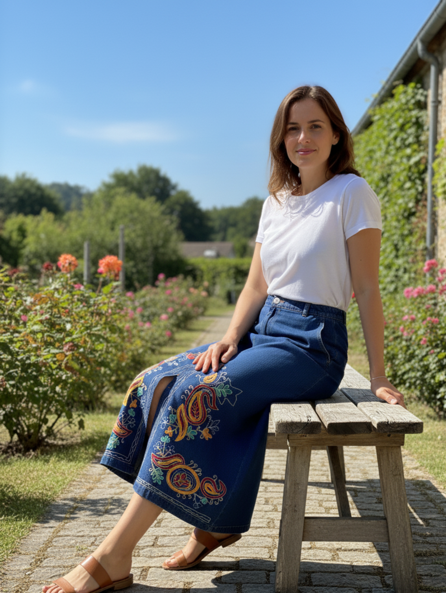 Falda Larga de Mezclilla con Bordado Étnico Floral - Estilo Bohemio