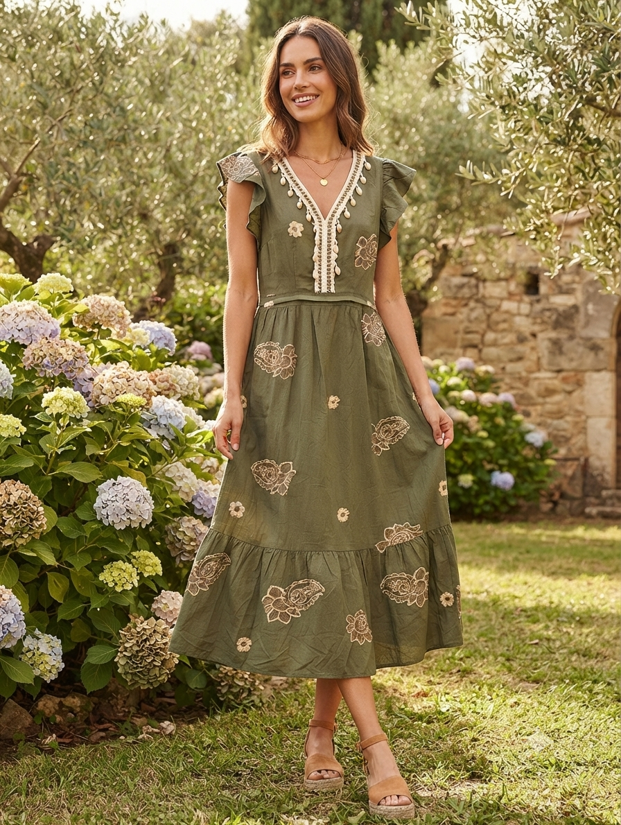Vestido Largo Bordado Floral Estilo Bohemio