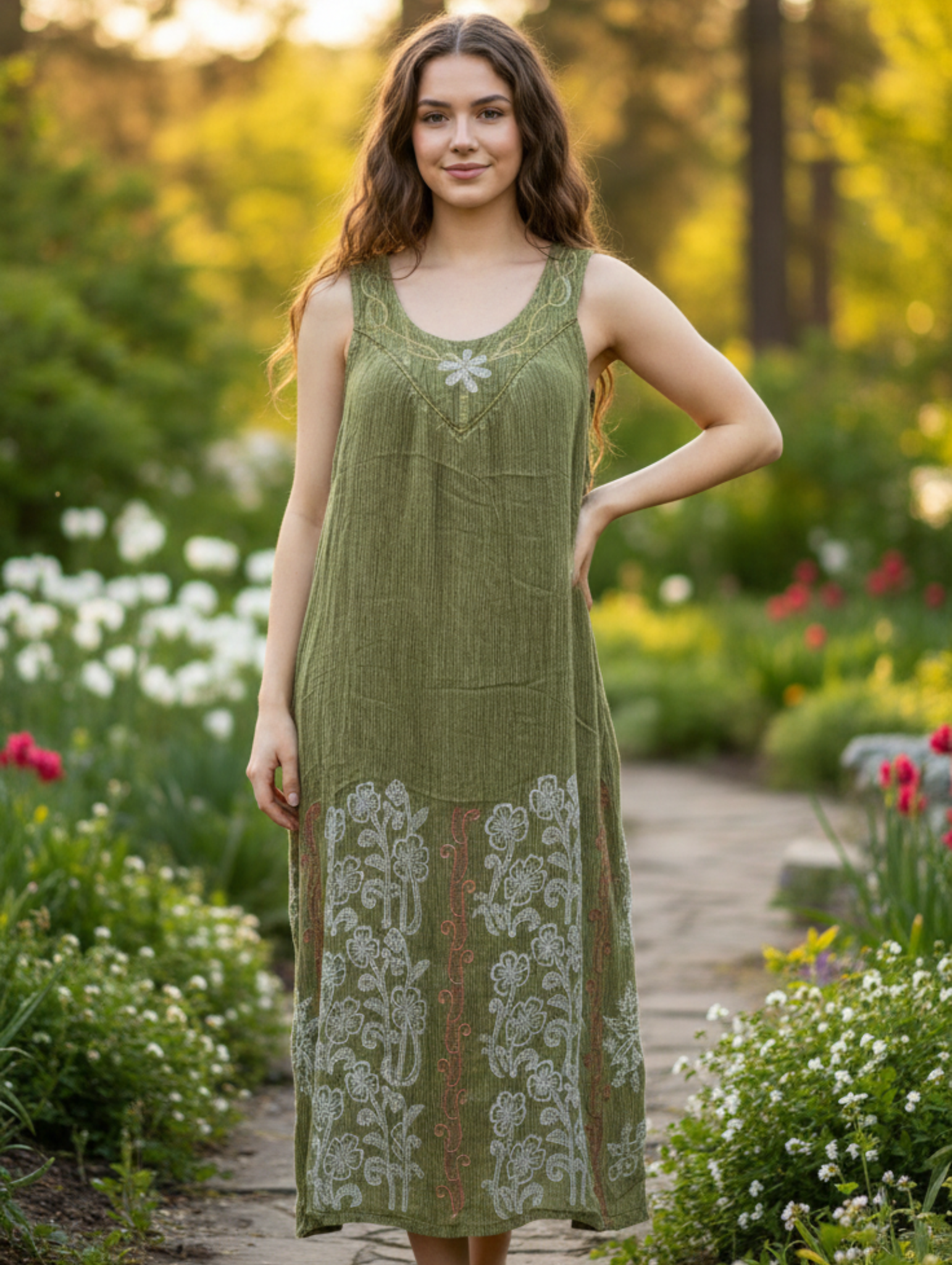 Vestido Midi Boho Chic de Algodón Crudo con Bordado Floral