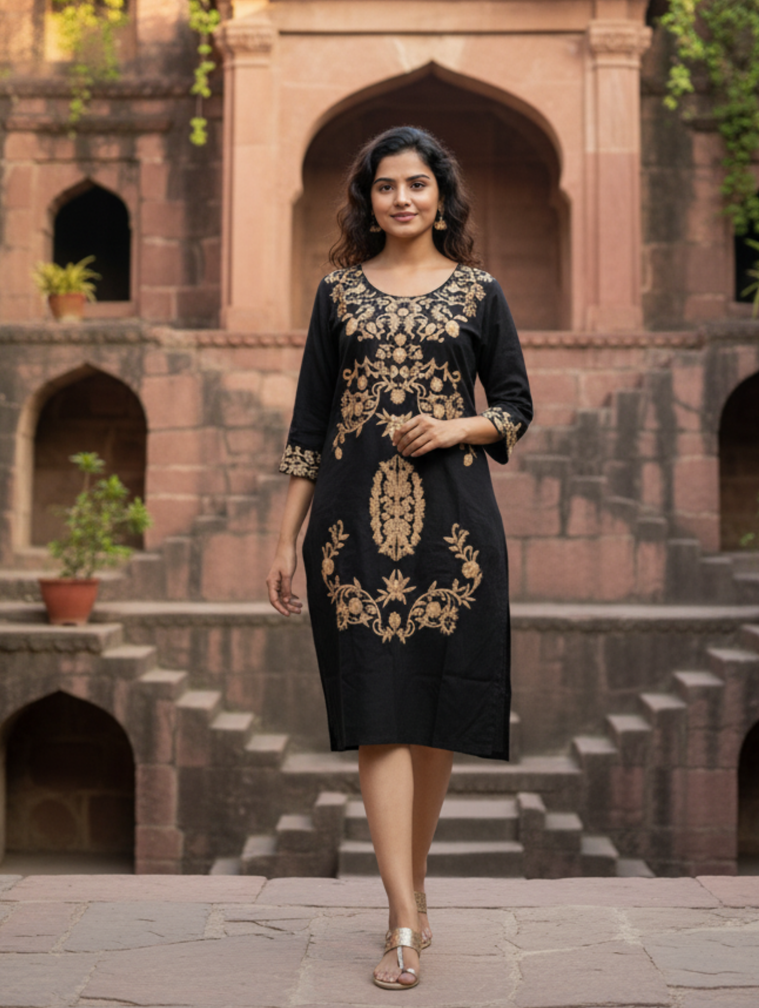 Vestido de Algodón con Bordado Zari Dorado Paquete de 8 PCs