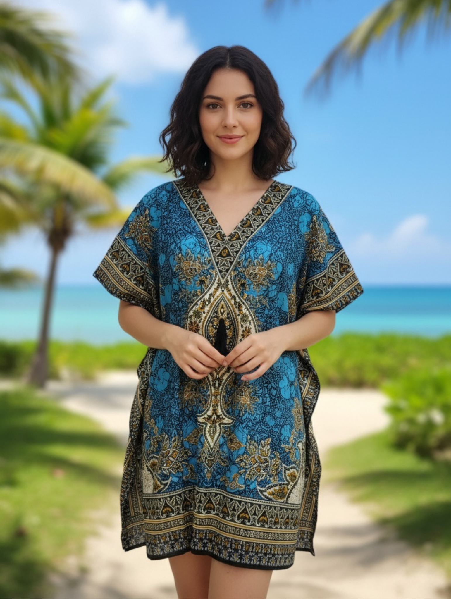 Caftán corto con Estampado Étnico y Corte Flúido.