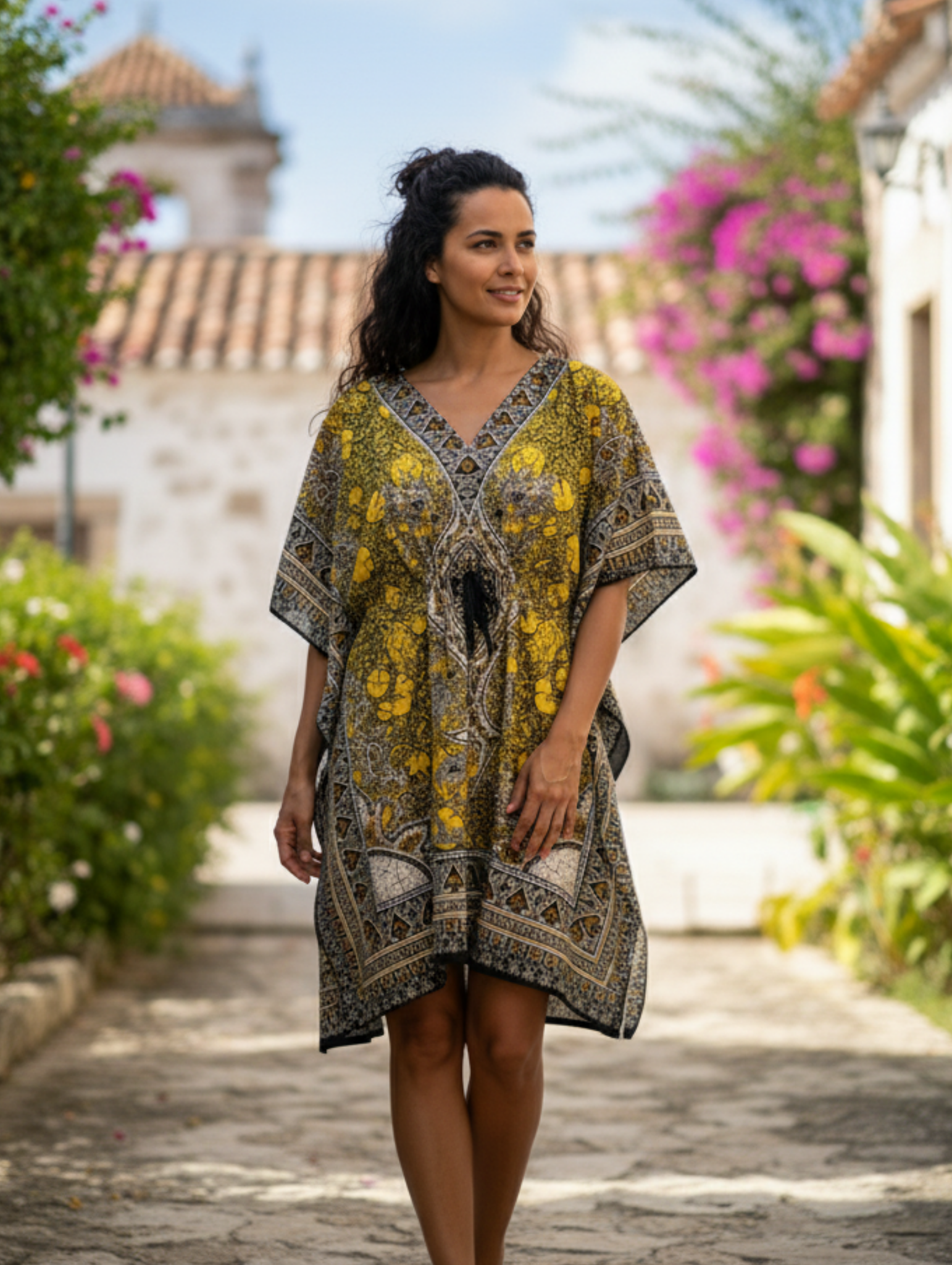 Caftán corto con Estampado Étnico y Corte Flúido.