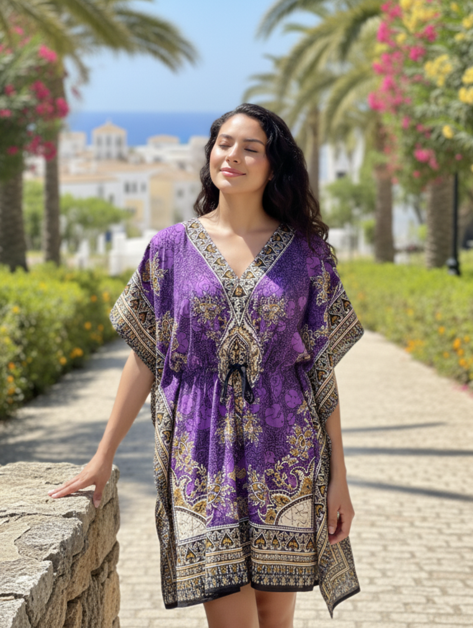 Caftán corto con Estampado Étnico y Corte Flúido.