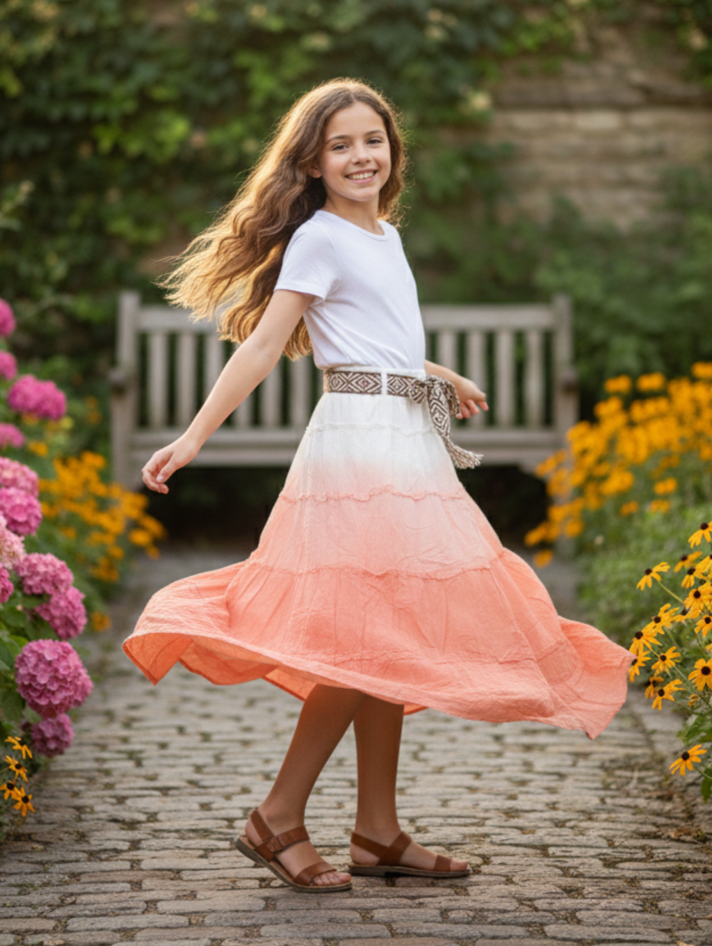 Falda Gasa Estilo Bohemio con Cinturón Trenzado - Tallas Niñas