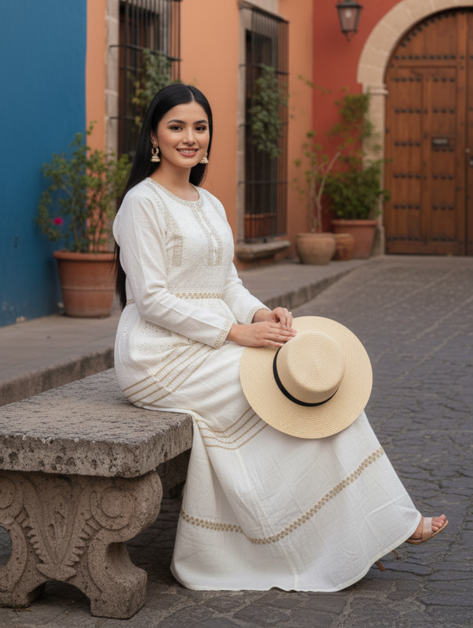Vestido Largo de Algodón con Bordado Étnico "Chikankari"