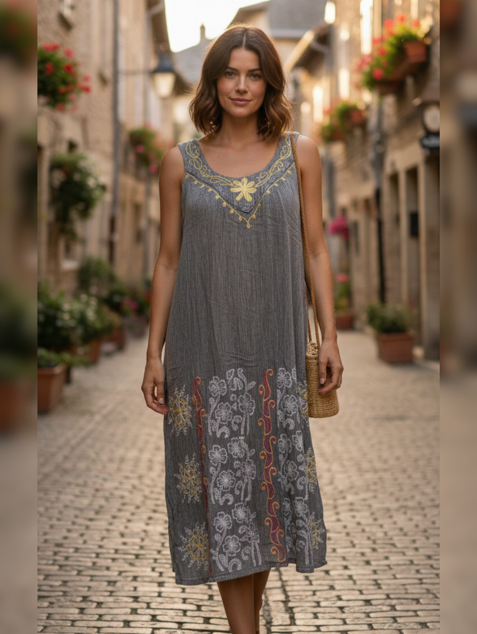 Vestido Midi Boho Chic de Algodón Crudo con Bordado Floral