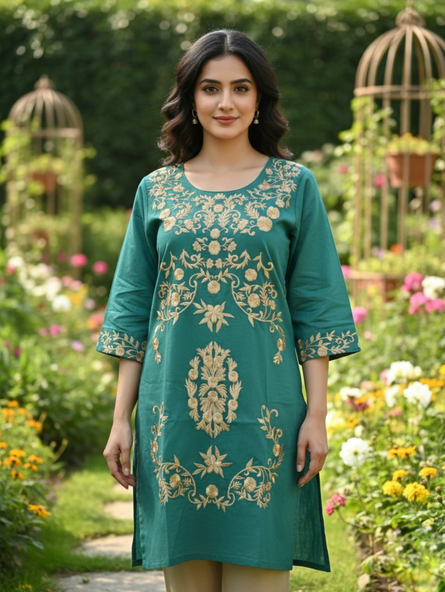 Vestido de Algodón con Bordado Zari Dorado Paquete de 8 PCs