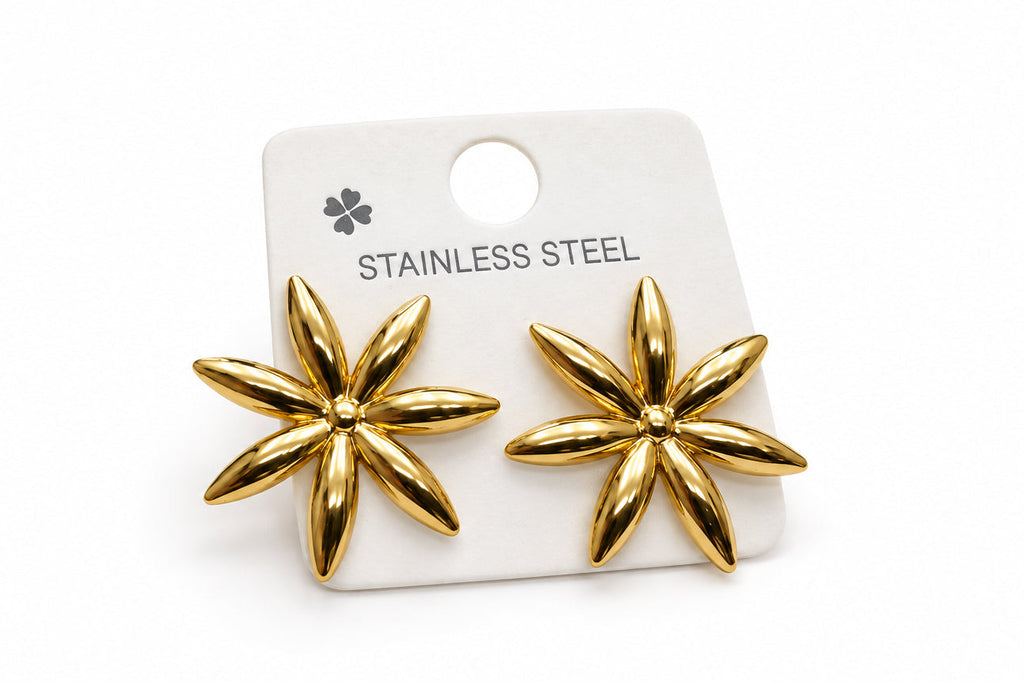 Aretes de Acero Inoxidable Dorados en Forma de Flor / Estrella de 6 Pétalos