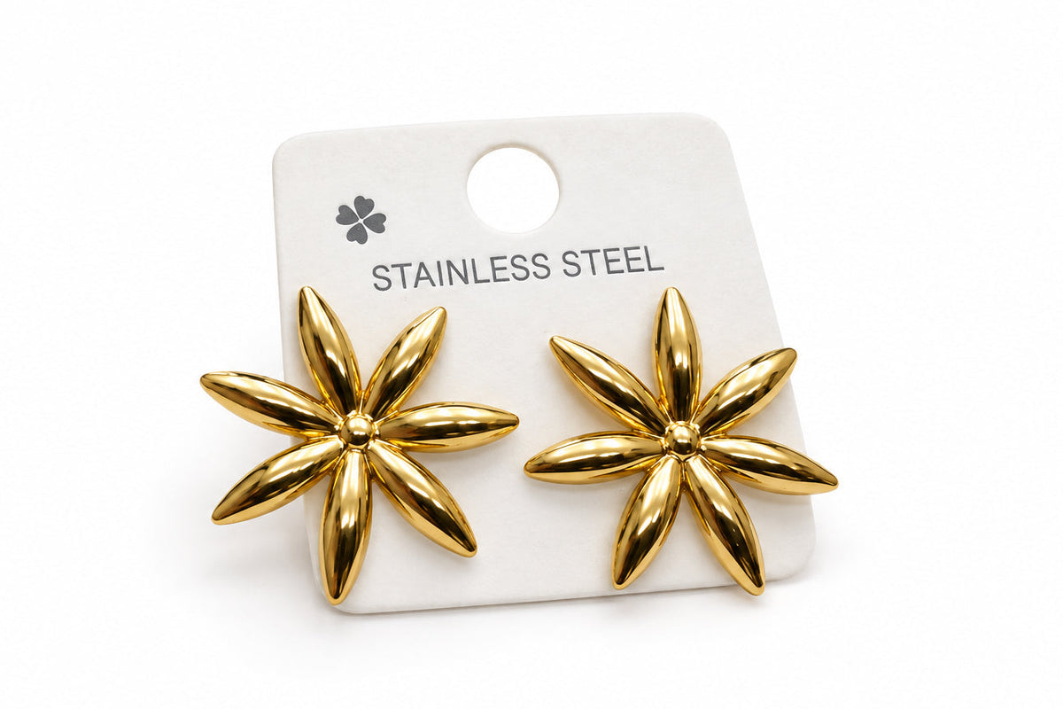 Aretes de Acero Inoxidable Dorados en Forma de Flor / Estrella de 6 Pétalos
