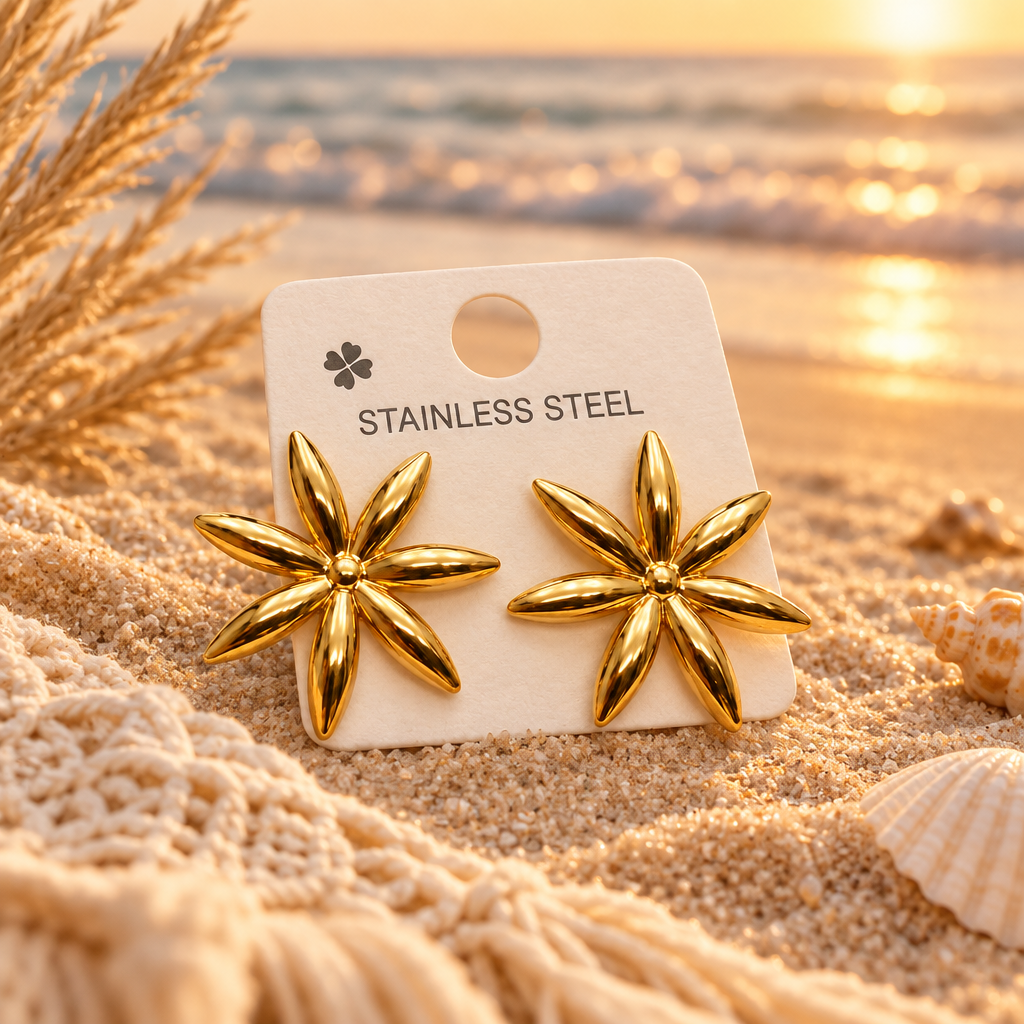 Aretes de Acero Inoxidable Dorados en Forma de Flor / Estrella de 6 Pétalos