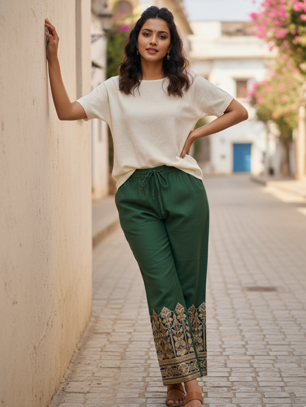 Pantalón Palazzo Étnico Esmeralda - Estilo y Confort Bordado