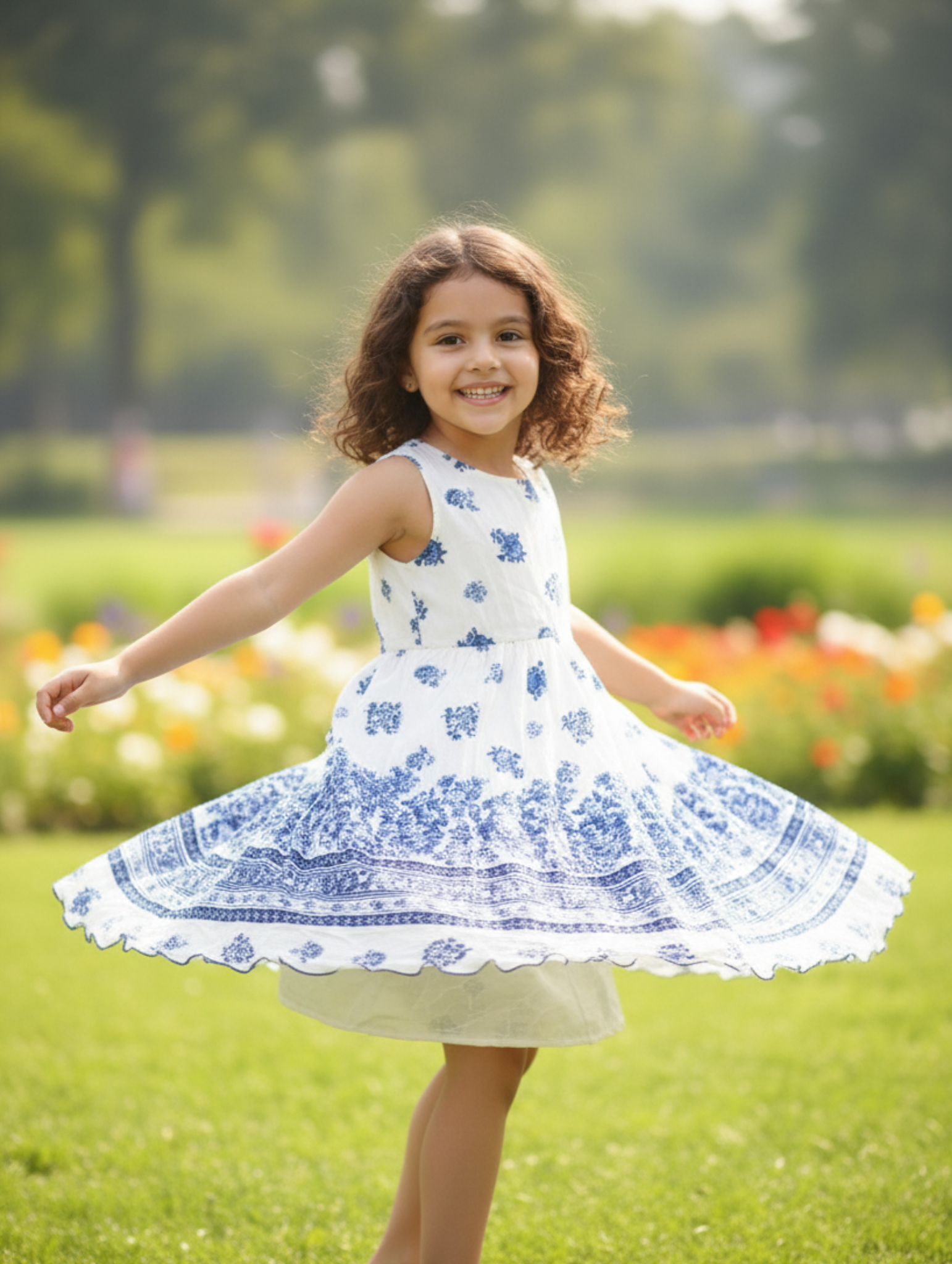 Vestido Infantil de Algodón con Estampado Floral Azul y Blanco