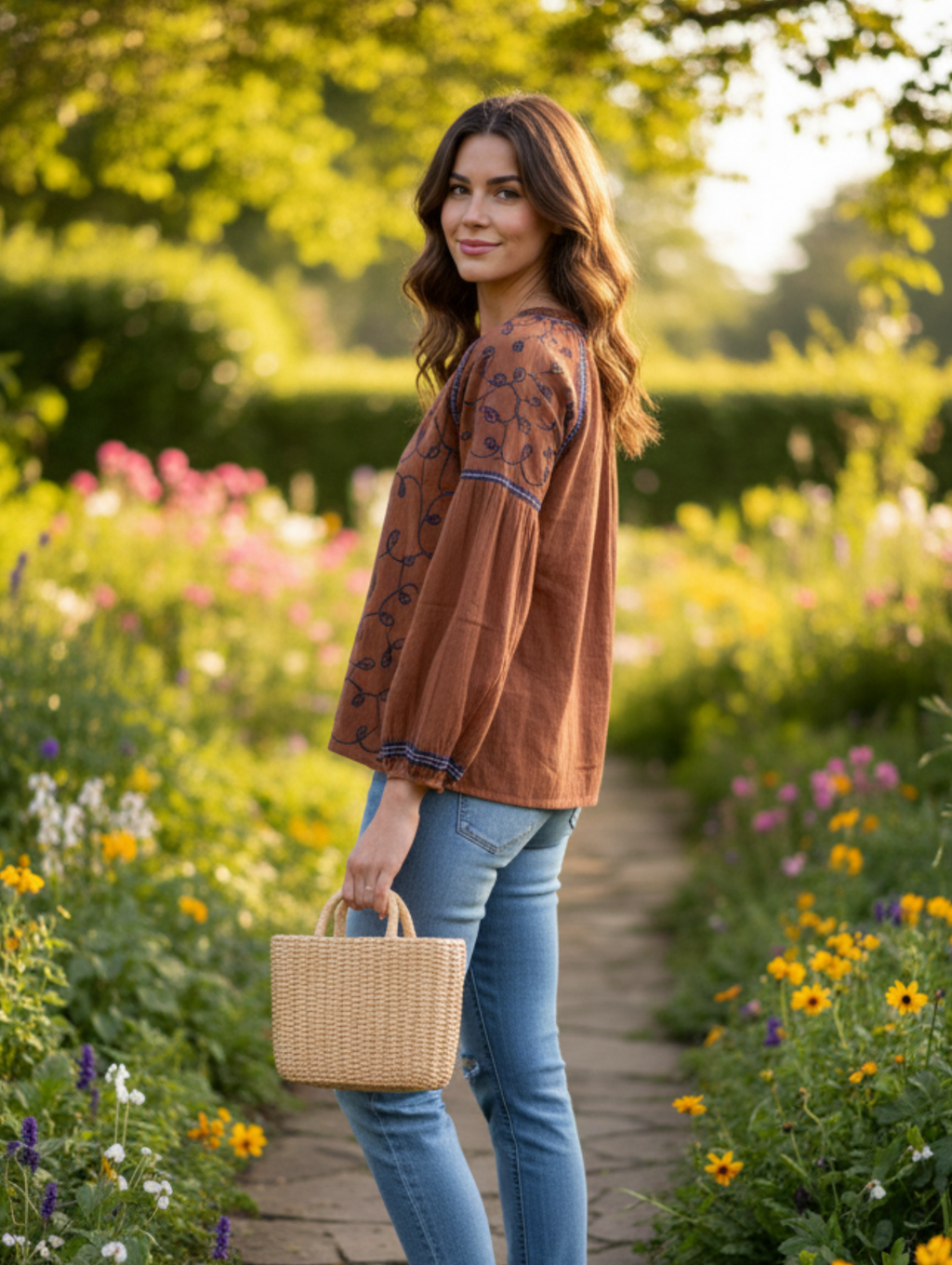 Blusa Bordada Estilo Bohemio con Manga Abullonada